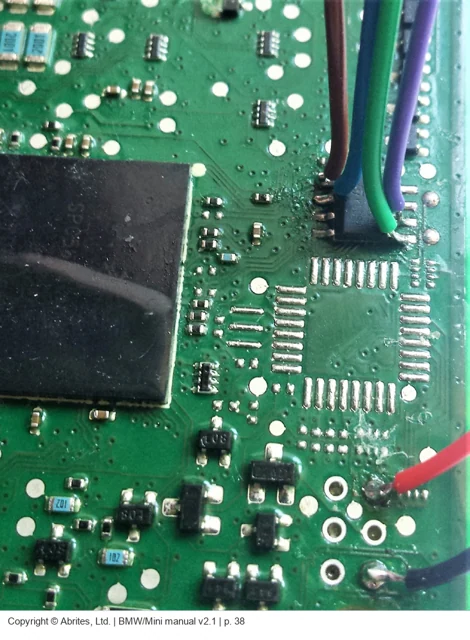 BDC EEPROM connection close-up from Abrites BMW/Mini manual page 38