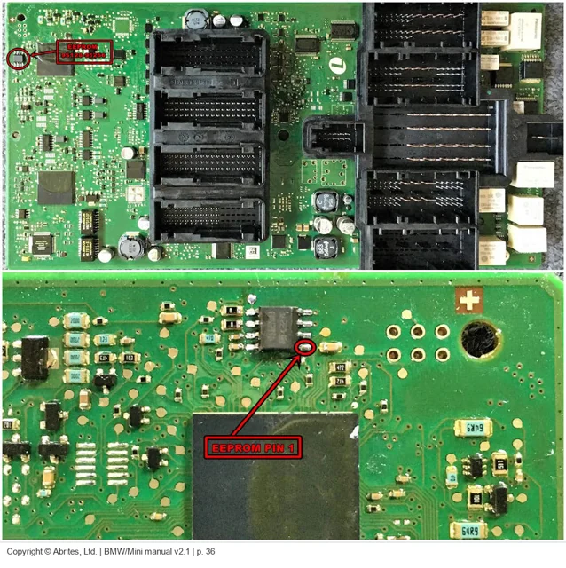 FEM board and EEPROM pin 1 from Abrites BMW/Mini manual page 36