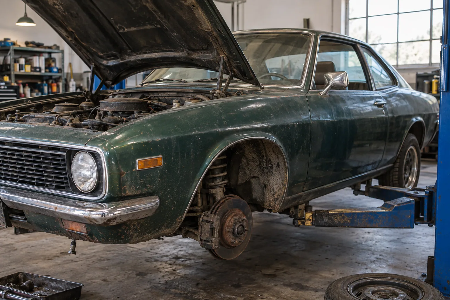 Illustration of a classic coupe restoration project with its bonnet open in a workshop