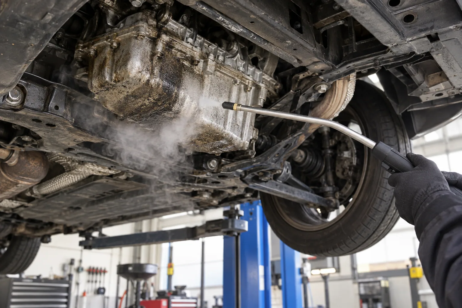 Illustration of controlled steam cleaning on the outside of an engine component