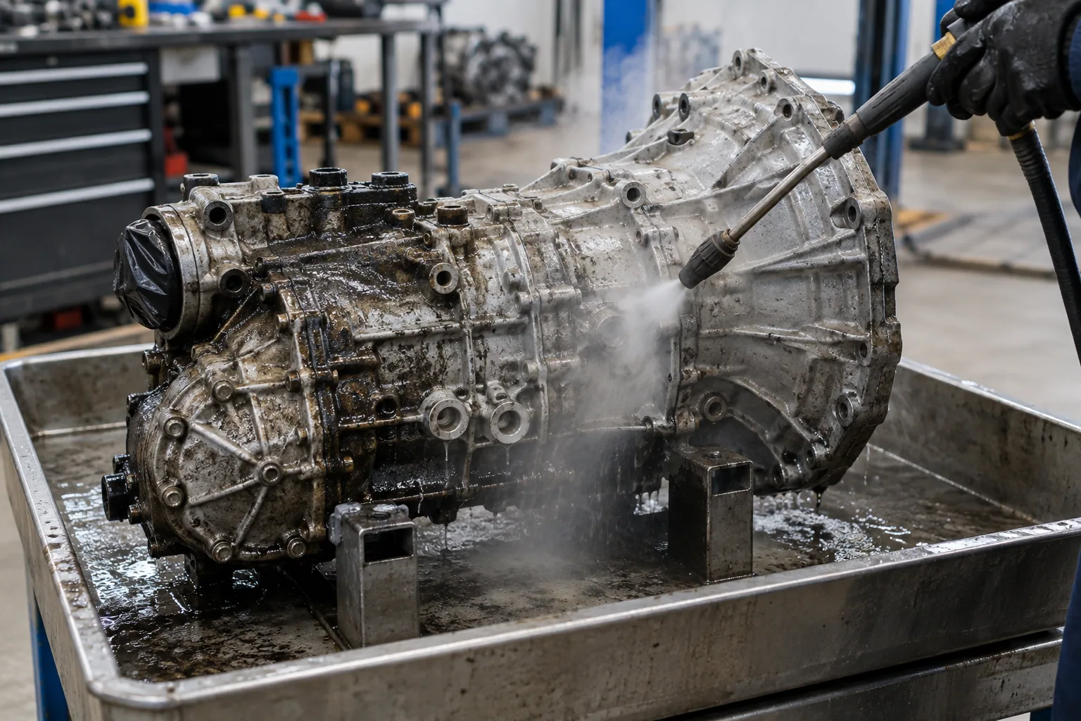 Illustration of external steam cleaning on a removed gearbox casing in a contained wash area