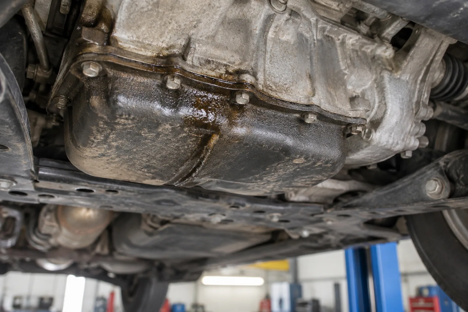 Illustration of wet oil and accumulated grime around an engine sump joint and bolts