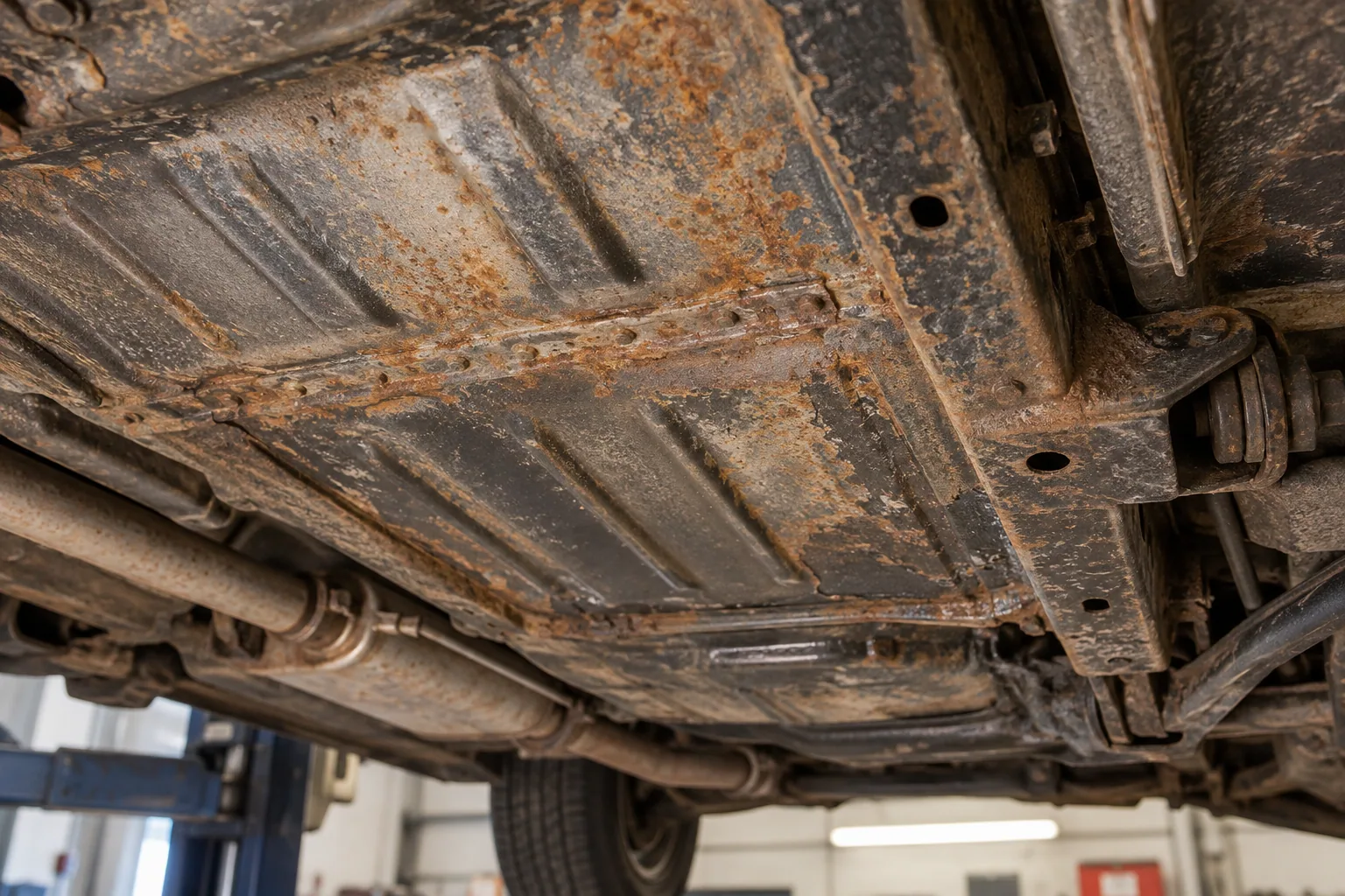 Illustration of surface corrosion, old coating and dirt around a vehicle underbody seam
