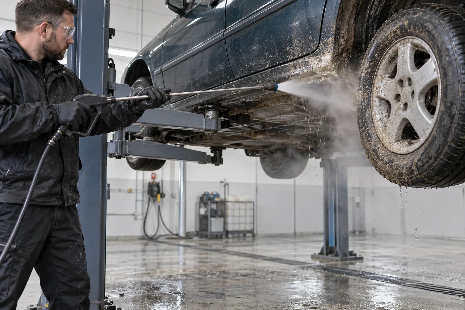 Illustration of a technician steam cleaning the underside of a vehicle in a wash bay
