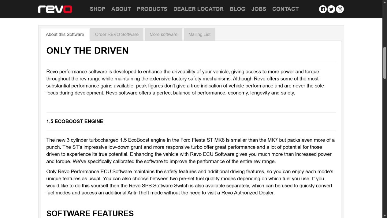 REVO Fiesta ST page describing retained safety mechanisms and fuel-specific software modes