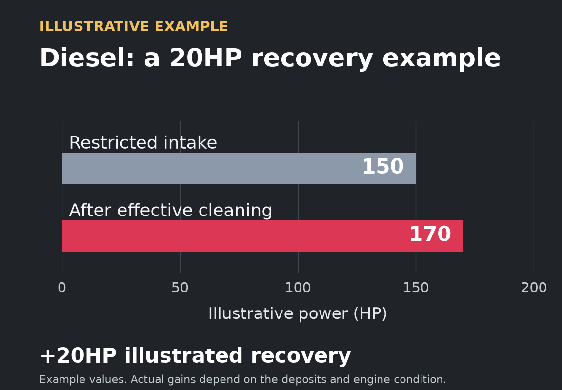 Illustrative diesel example only, not measured: assumed power rises from 150 HP to 170 HP after effective intake cleaning, a 20 HP recovery.