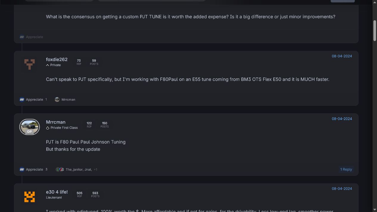 XBimmers forum post describing a custom E55 tune as much faster than BM3 OTS Flex E50