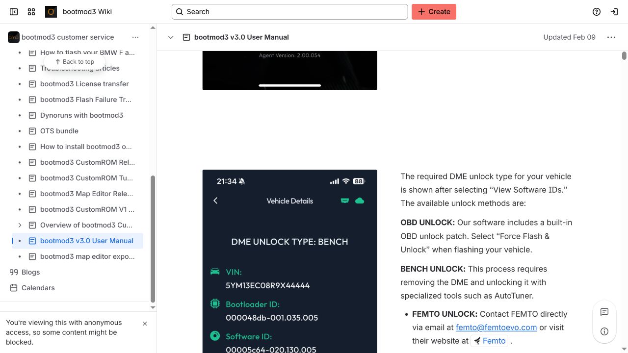 BM3 manual showing OBD, bench and FEMTO DME unlock routes