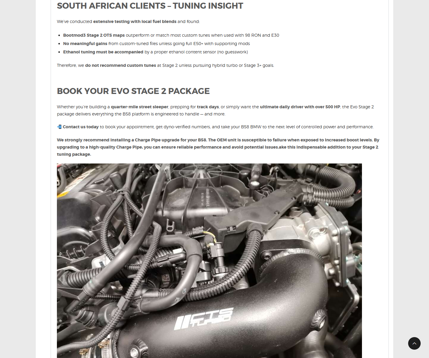 Evo Performance B58 page stating that BM3 Stage 2 OTS maps outperform or match most custom tunes