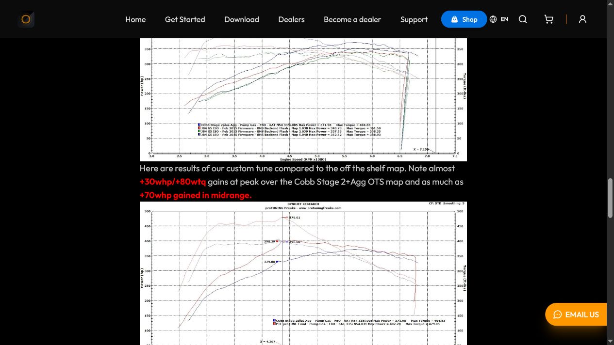 ProTuningFreaks page reporting custom tune gains over a Cobb OTS map on the same BMW
