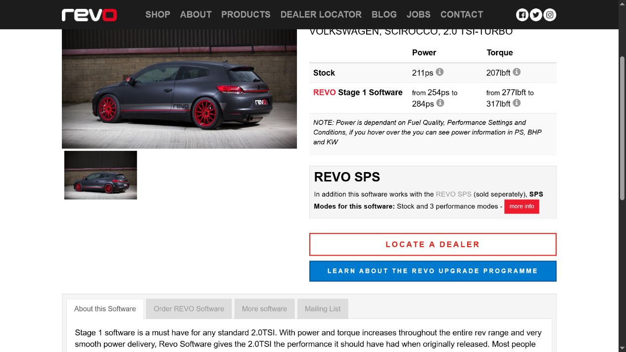 Revo Scirocco Stage 1 page publishing a range of expected power and torque