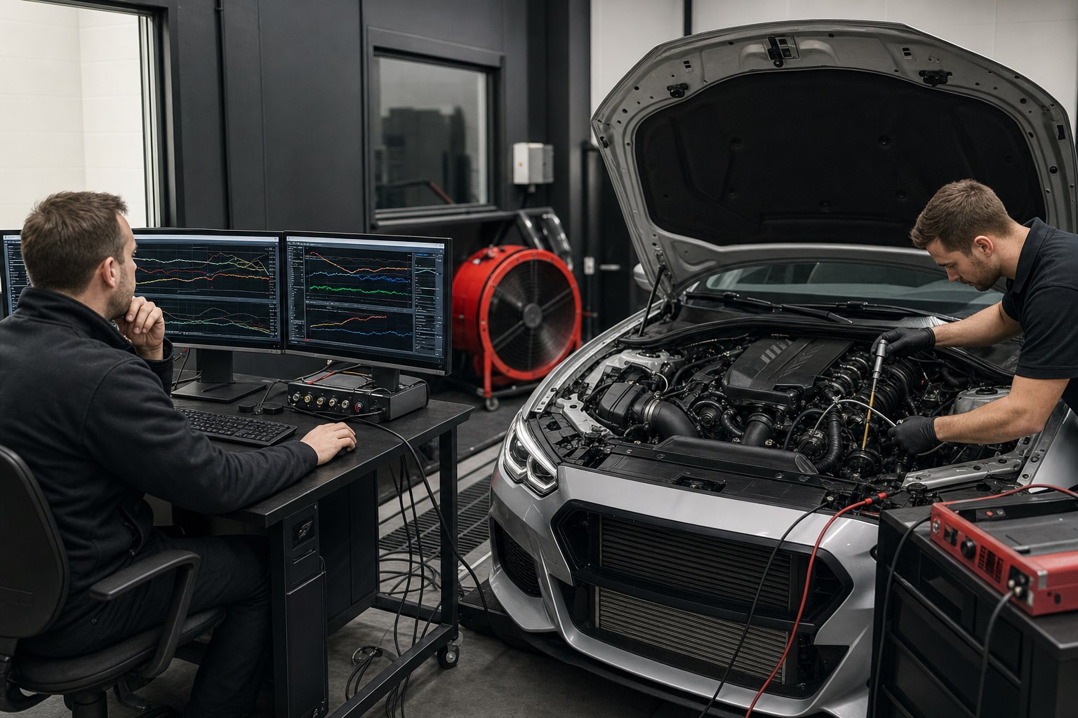 Calibration engineer reviewing dyno datalogs while a technician checks a turbocharged vehicle