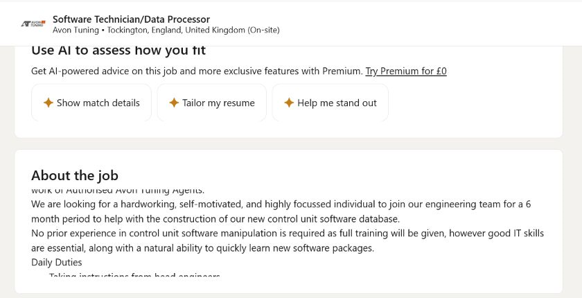 Avon Tuning Software Technician and Data Processor vacancy stating that no prior control-unit software manipulation experience was required