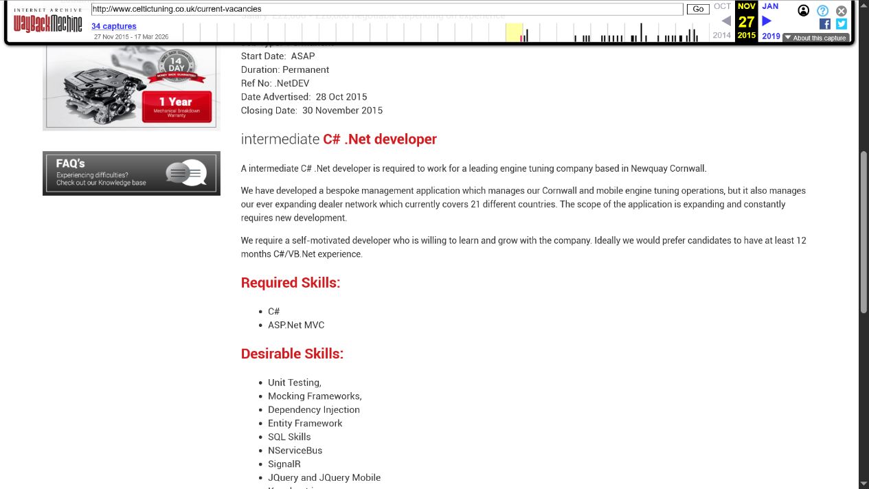 Archived Celtic Tuning vacancy describing software development for a dealer-management system