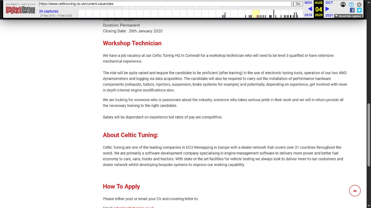 Archived Celtic Tuning workshop vacancy requiring a Level 3 qualification or extensive mechanical experience