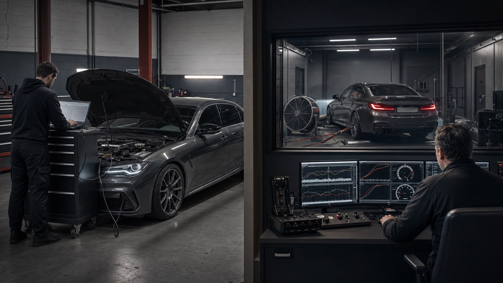 ECU calibration workstation overlooking a car being tested on a rolling road