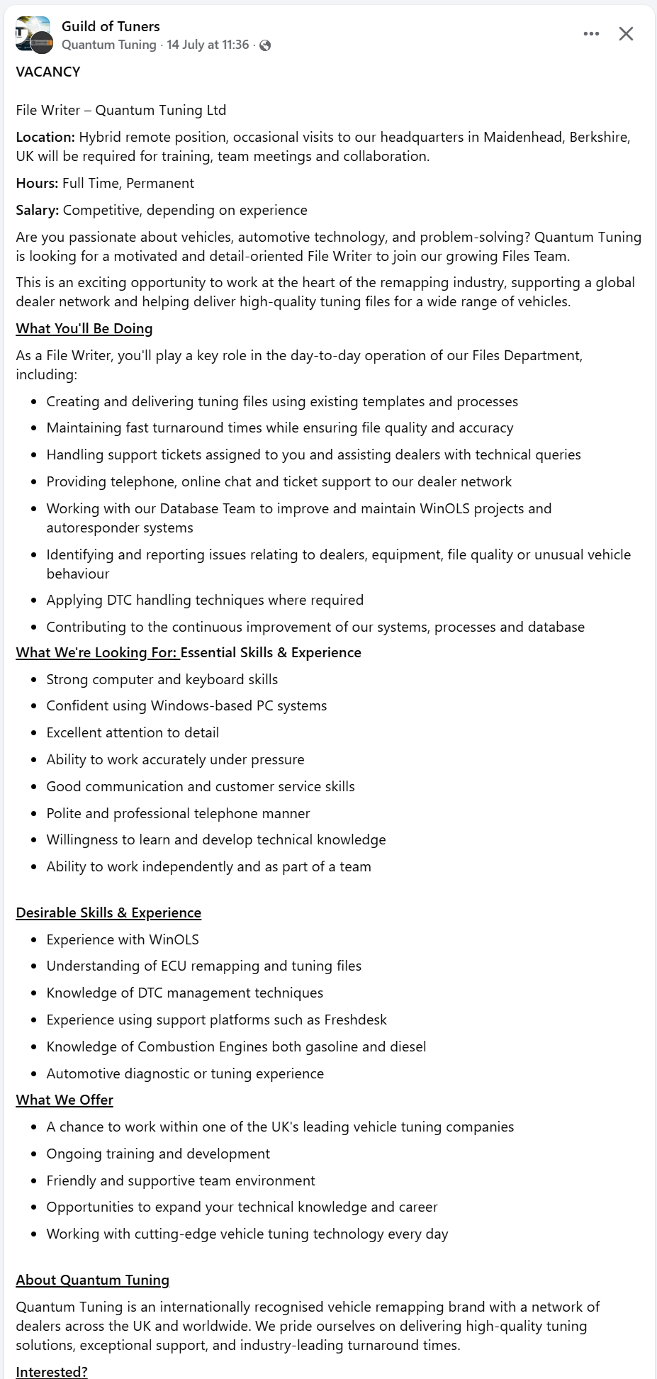 Quantum Tuning File Writer vacancy listing general computer and customer-service skills as essential while listing WinOLS, remapping, engine, diagnostic and tuning experience as desirable