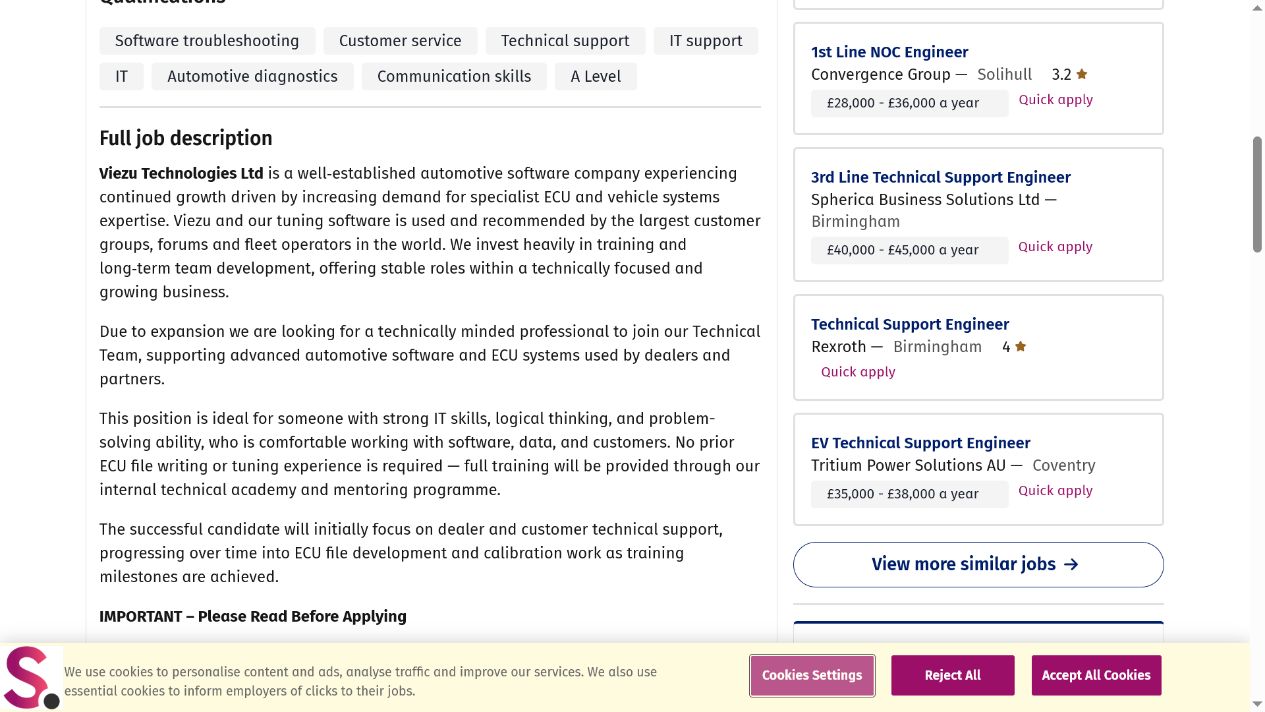 Recruitment advert stating that previous ECU file-writing or tuning experience is not required